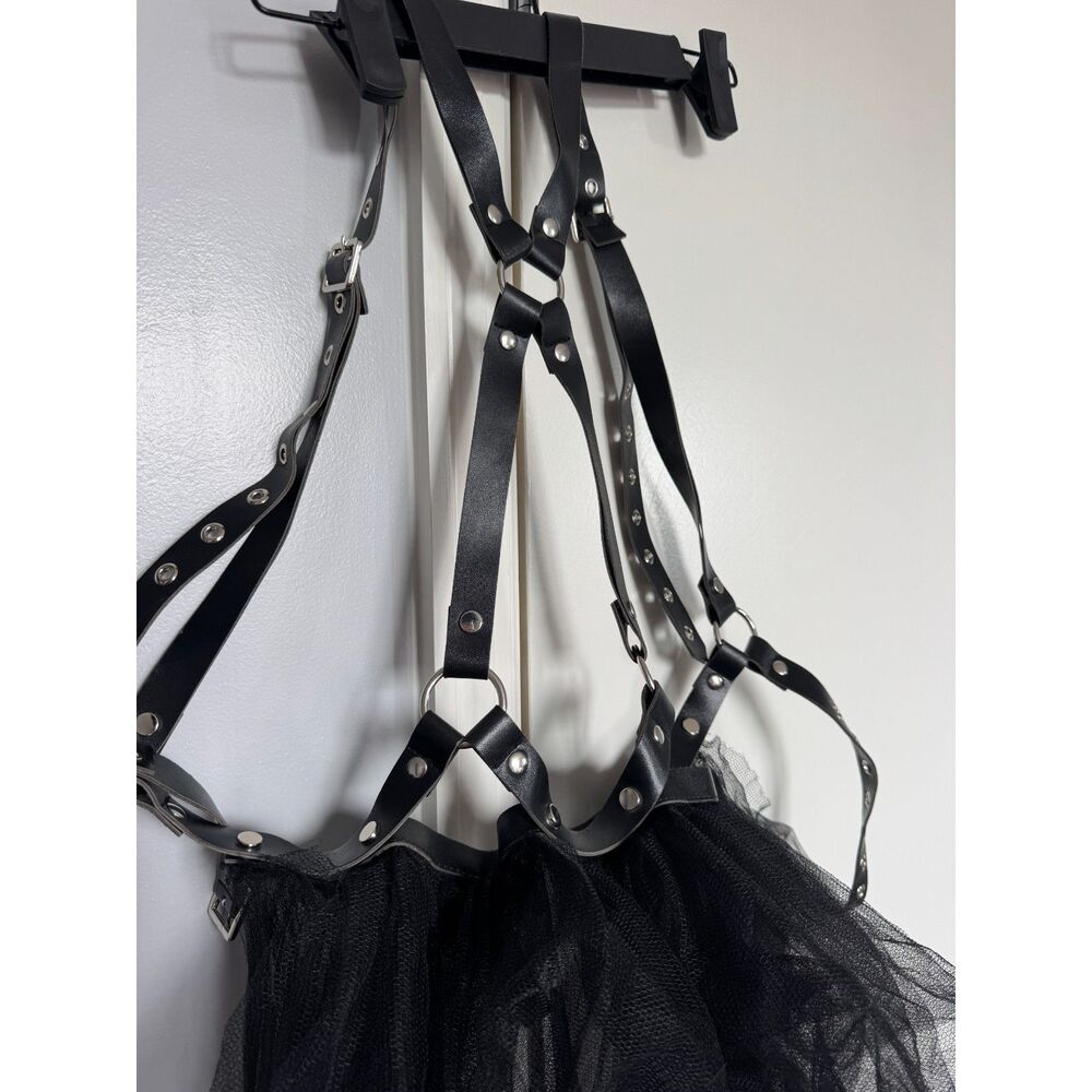 Vintage Goth Widow Bondage Black Leather Tulle Ruffle Skirt Leather